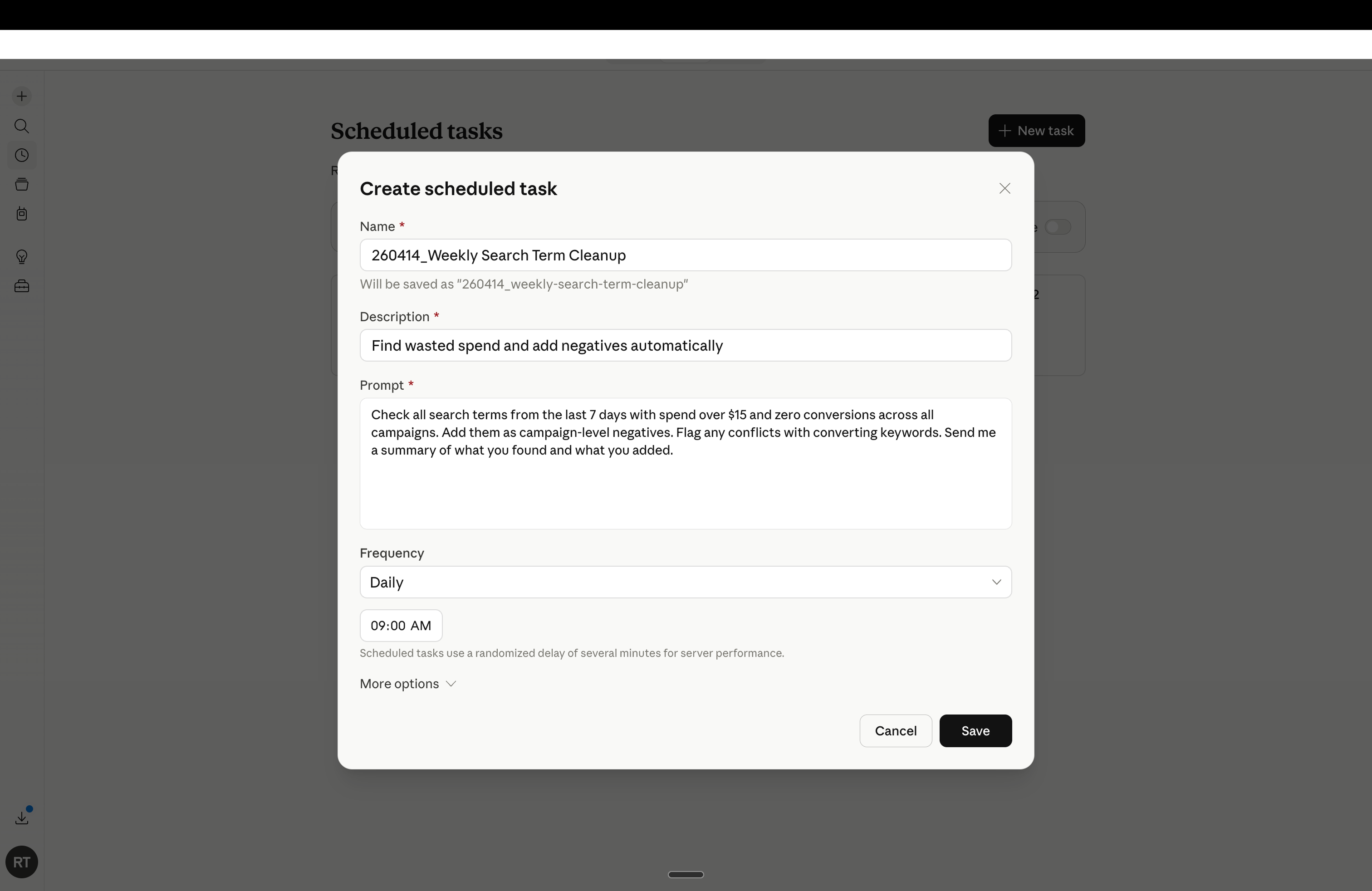 Claude Cowork scheduling interface defining a recurring ad account workflow