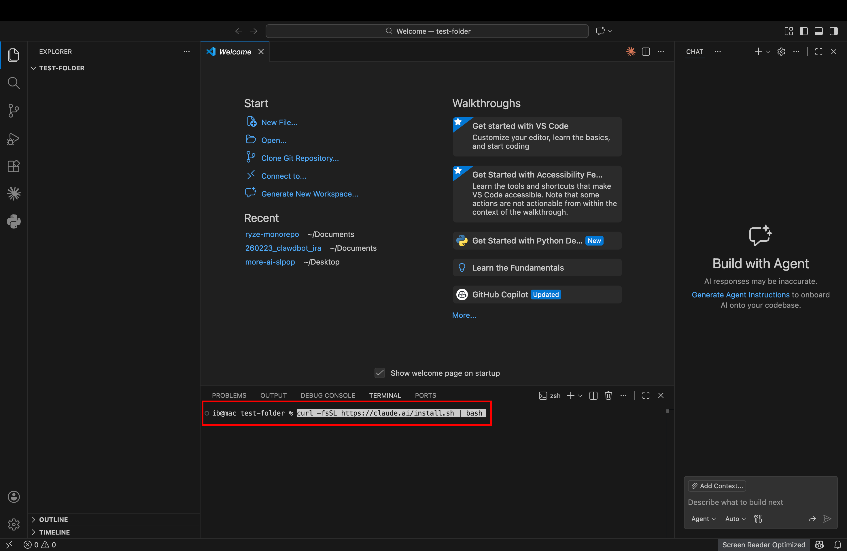 Installing Claude Code via VS Code terminal using curl command for paid media automation workflows