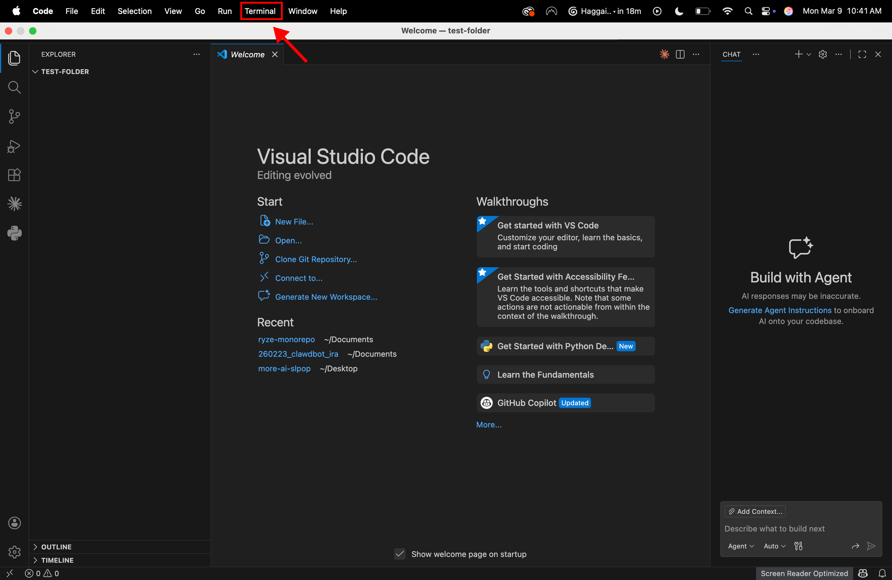Opening the built-in terminal in VS Code to run Claude Code commands for Google and Meta Ads automation