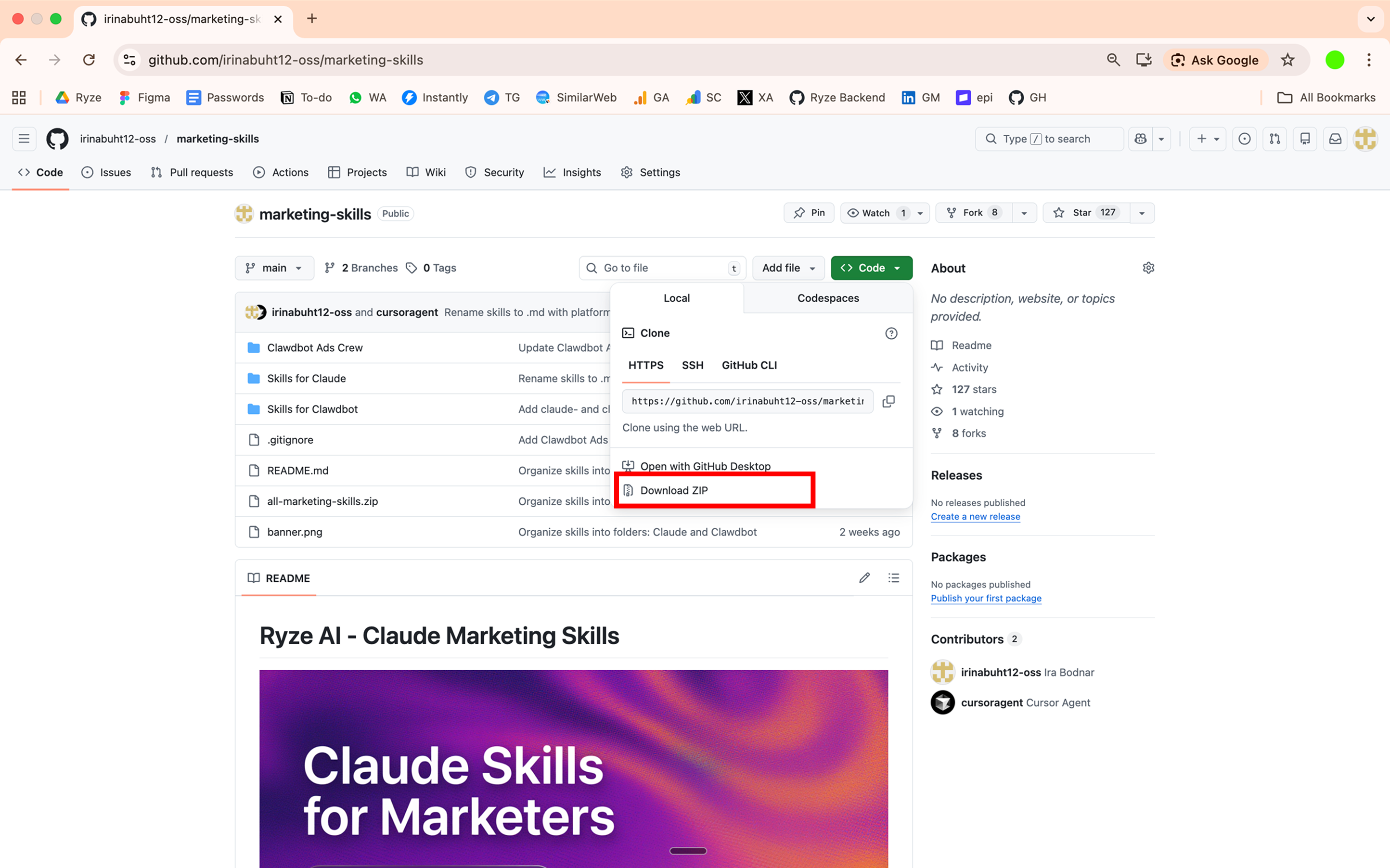GitHub repository page for Ryze AI marketing skills — download or clone free Claude skill files for Google and Meta Ads