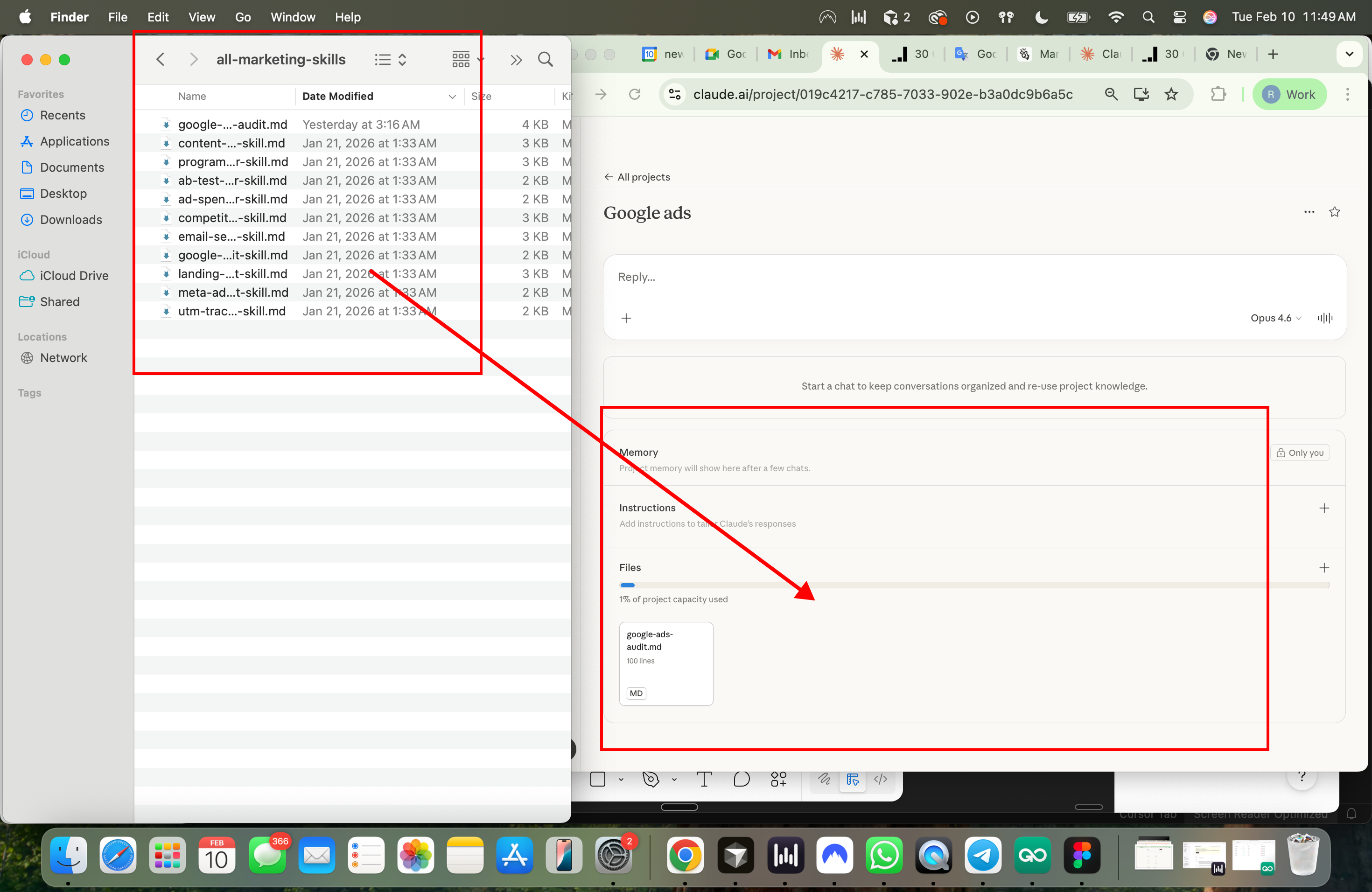 Dropping marketing skill .md files into Claude Project Knowledge — drag and drop to add skills