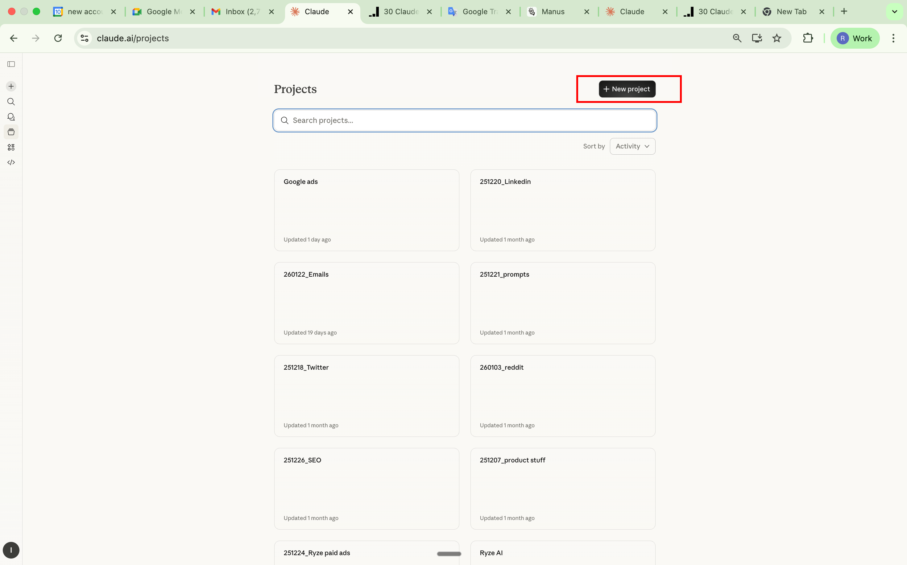 Creating a new Claude Project for Google Ads skills — Claude Projects sidebar with Create Project button