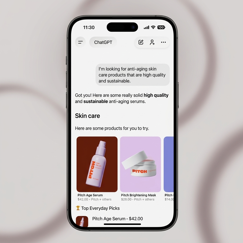 ChatGPT product discovery showing skincare product recommendations with inline cards, prices, and top picks based on a natural language shopping query