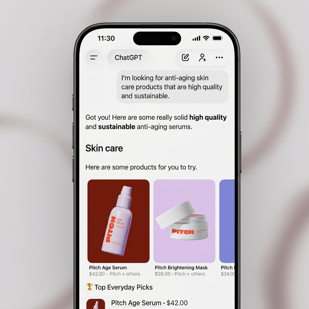 ChatGPT shopping interface displaying Shopify product cards with product names, prices, and brand attribution for conversational commerce