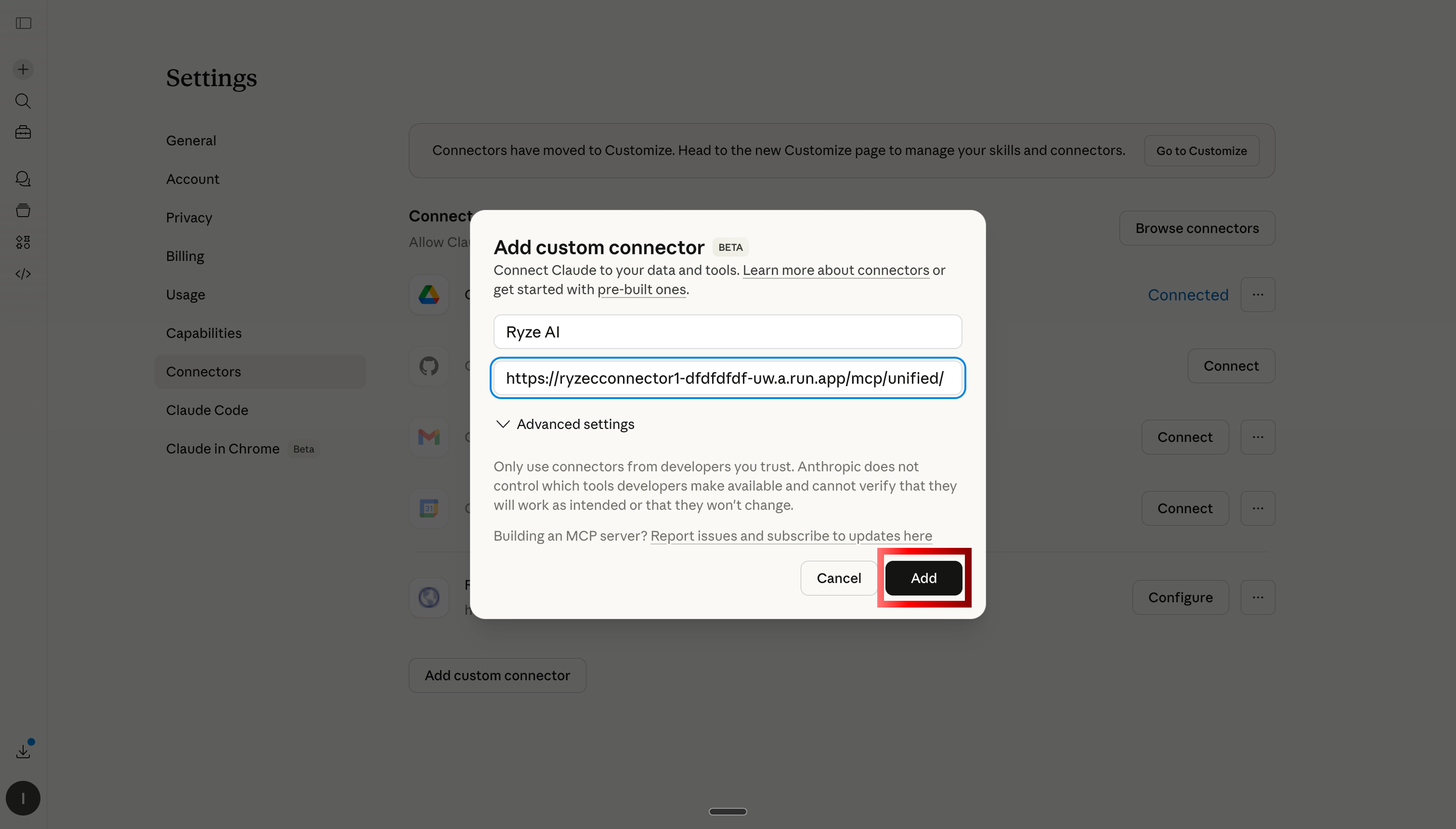 Pegar URL del servidor MCP de Ryze AI para conectar Meta Ads a Claude