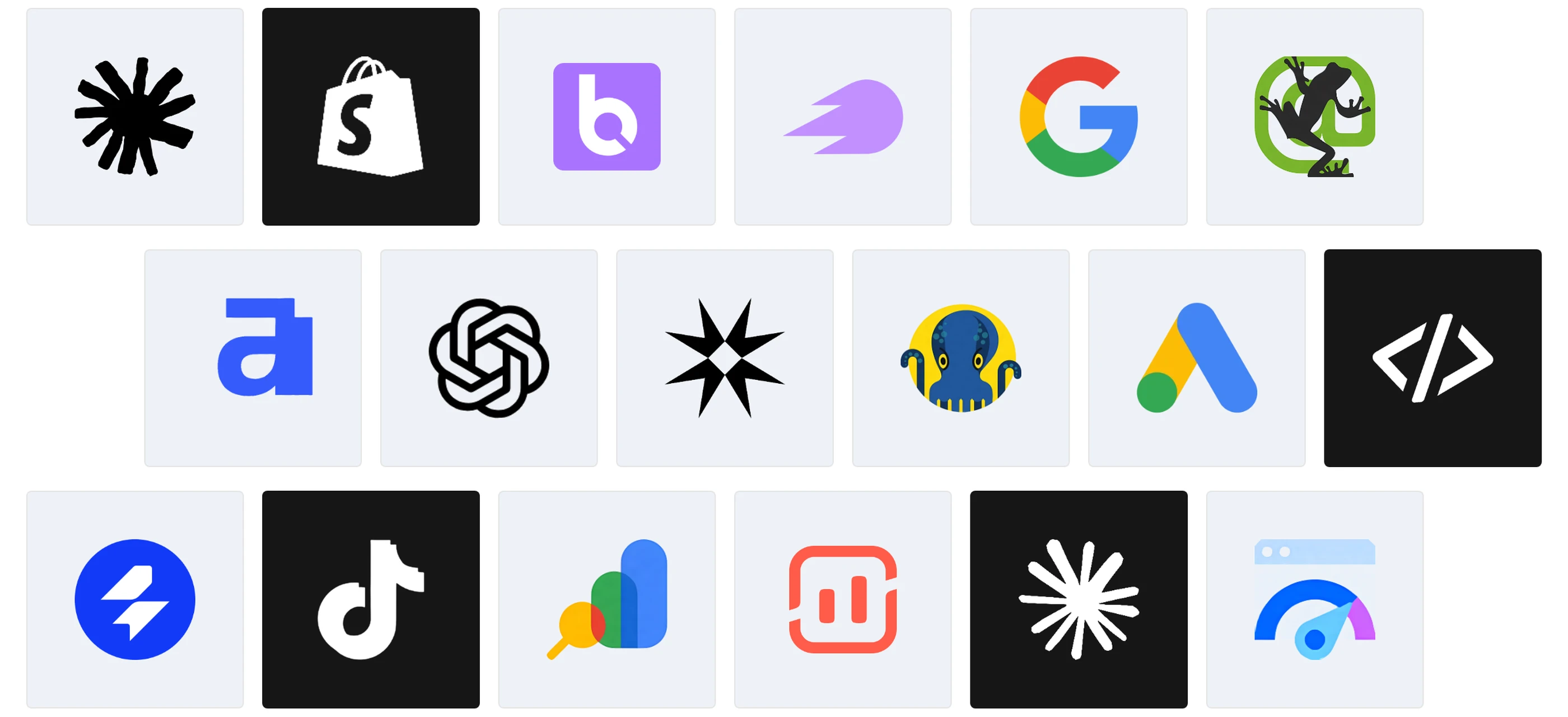 Logos of the Product Page SEO Audit Tools compared in 2026, including Ryze AI, Botify, Semrush, Screaming Frog and Ahrefs, next to Shopify, Google and ChatGPT