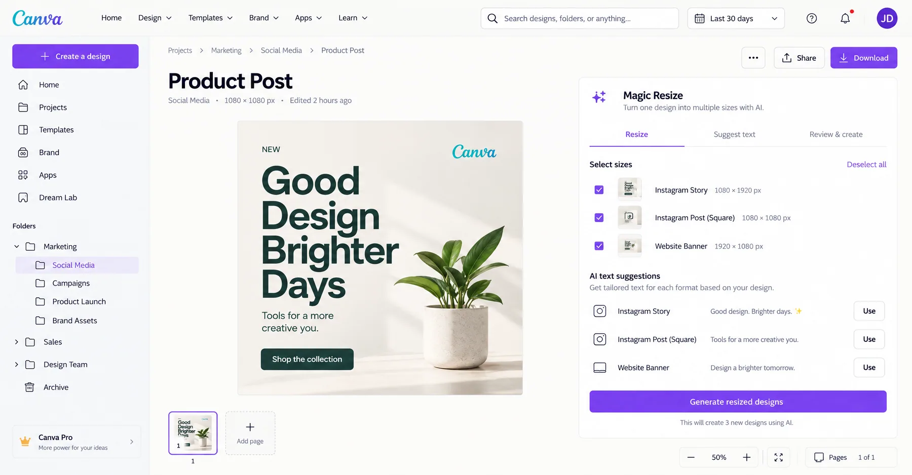 Canva Magic Resize turning a 1080 x 1080 product post into Instagram Story and website banner sizes with AI text suggestions